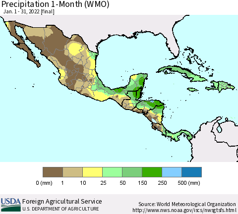 Mexico Central America and the Caribbean Precipitation 1-Month (WMO) Thematic Map For 1/1/2022 - 1/31/2022