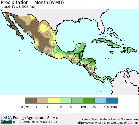Mexico Central America and the Caribbean Precipitation 1-Month (WMO) Thematic Map For 1/6/2022 - 2/5/2022