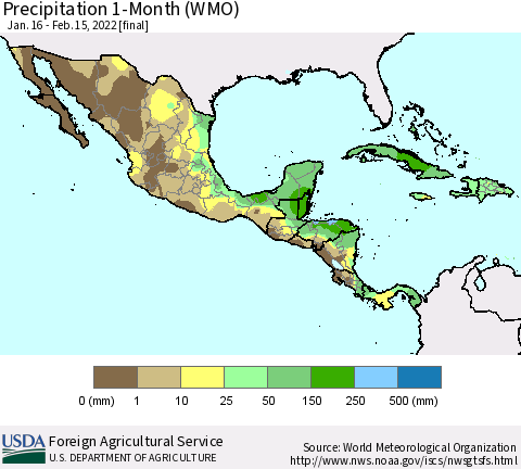 Mexico Central America and the Caribbean Precipitation 1-Month (WMO) Thematic Map For 1/16/2022 - 2/15/2022