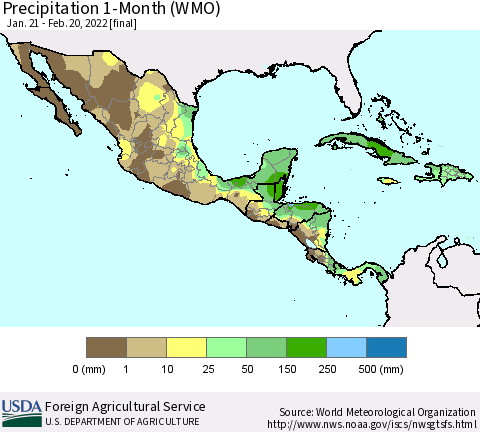 Mexico Central America and the Caribbean Precipitation 1-Month (WMO) Thematic Map For 1/21/2022 - 2/20/2022