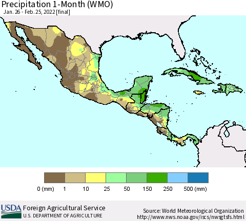 Mexico Central America and the Caribbean Precipitation 1-Month (WMO) Thematic Map For 1/26/2022 - 2/25/2022