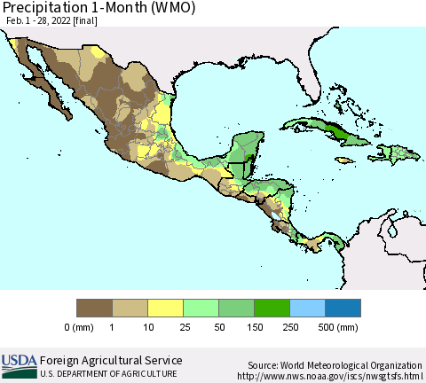 Mexico Central America and the Caribbean Precipitation 1-Month (WMO) Thematic Map For 2/1/2022 - 2/28/2022