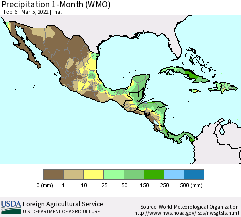 Mexico Central America and the Caribbean Precipitation 1-Month (WMO) Thematic Map For 2/6/2022 - 3/5/2022