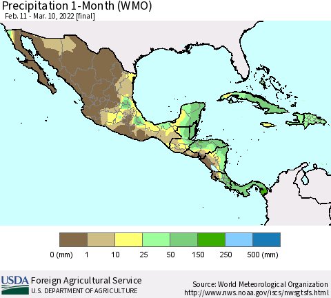 Mexico Central America and the Caribbean Precipitation 1-Month (WMO) Thematic Map For 2/11/2022 - 3/10/2022