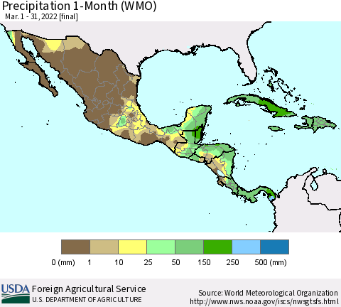 Mexico Central America and the Caribbean Precipitation 1-Month (WMO) Thematic Map For 3/1/2022 - 3/31/2022