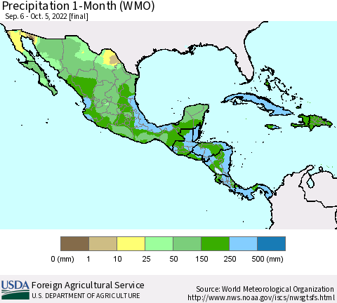 Mexico Central America and the Caribbean Precipitation 1-Month (WMO) Thematic Map For 9/6/2022 - 10/5/2022
