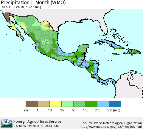 Mexico Central America and the Caribbean Precipitation 1-Month (WMO) Thematic Map For 9/11/2022 - 10/10/2022