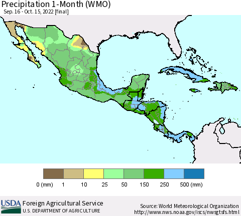 Mexico Central America and the Caribbean Precipitation 1-Month (WMO) Thematic Map For 9/16/2022 - 10/15/2022