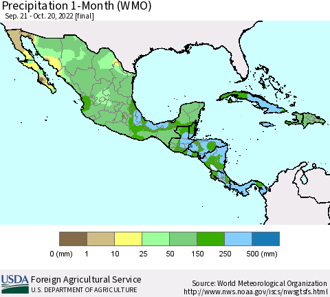 Mexico Central America and the Caribbean Precipitation 1-Month (WMO) Thematic Map For 9/21/2022 - 10/20/2022