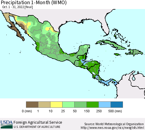 Mexico Central America and the Caribbean Precipitation 1-Month (WMO) Thematic Map For 10/1/2022 - 10/31/2022