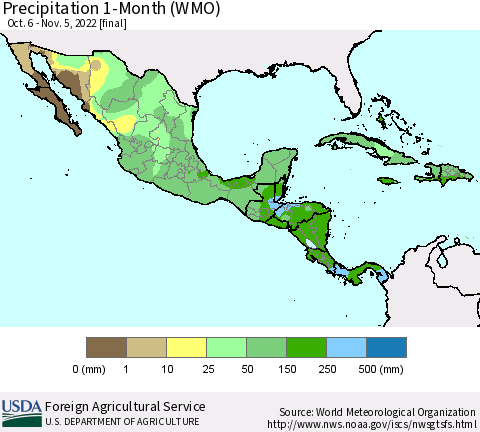 Mexico Central America and the Caribbean Precipitation 1-Month (WMO) Thematic Map For 10/6/2022 - 11/5/2022