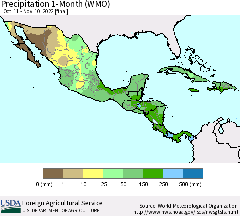 Mexico Central America and the Caribbean Precipitation 1-Month (WMO) Thematic Map For 10/11/2022 - 11/10/2022