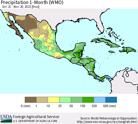 Mexico Central America and the Caribbean Precipitation 1-Month (WMO) Thematic Map For 10/21/2022 - 11/20/2022