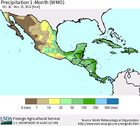 Mexico Central America and the Caribbean Precipitation 1-Month (WMO) Thematic Map For 10/26/2022 - 11/25/2022