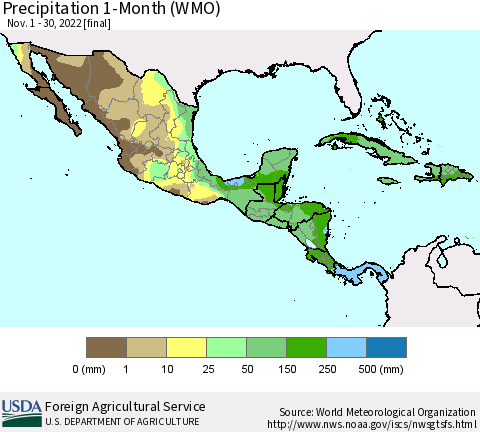 Mexico Central America and the Caribbean Precipitation 1-Month (WMO) Thematic Map For 11/1/2022 - 11/30/2022