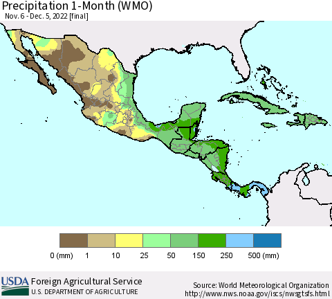 Mexico Central America and the Caribbean Precipitation 1-Month (WMO) Thematic Map For 11/6/2022 - 12/5/2022