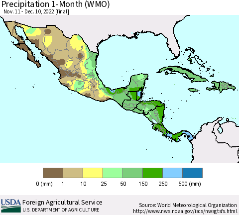 Mexico Central America and the Caribbean Precipitation 1-Month (WMO) Thematic Map For 11/11/2022 - 12/10/2022