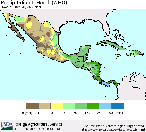 Mexico Central America and the Caribbean Precipitation 1-Month (WMO) Thematic Map For 11/21/2022 - 12/20/2022
