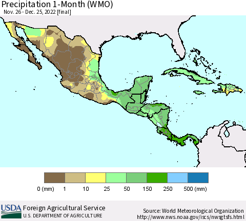 Mexico Central America and the Caribbean Precipitation 1-Month (WMO) Thematic Map For 11/26/2022 - 12/25/2022