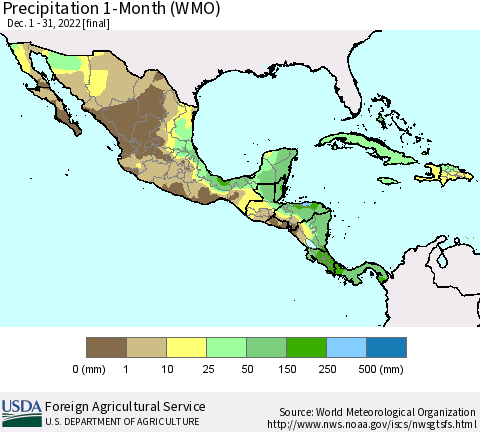 Mexico Central America and the Caribbean Precipitation 1-Month (WMO) Thematic Map For 12/1/2022 - 12/31/2022