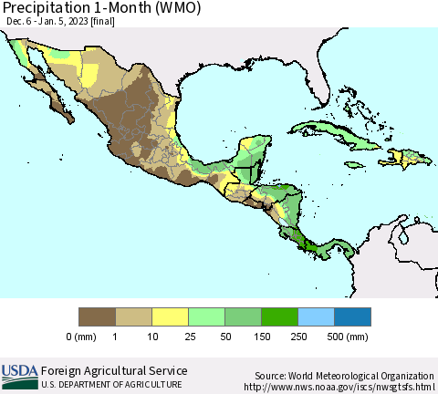 Mexico Central America and the Caribbean Precipitation 1-Month (WMO) Thematic Map For 12/6/2022 - 1/5/2023