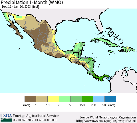 Mexico Central America and the Caribbean Precipitation 1-Month (WMO) Thematic Map For 12/11/2022 - 1/10/2023