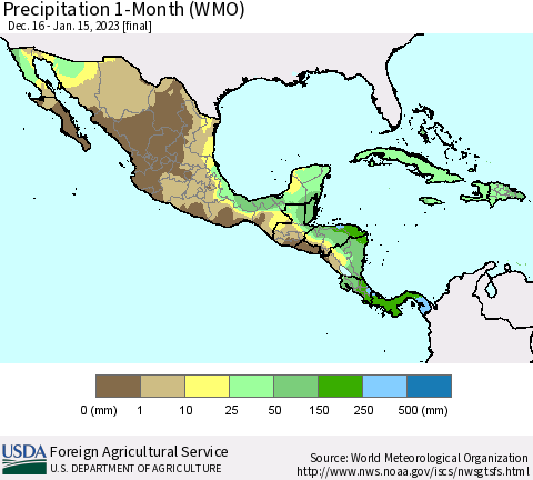 Mexico Central America and the Caribbean Precipitation 1-Month (WMO) Thematic Map For 12/16/2022 - 1/15/2023