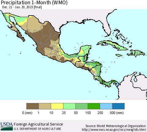 Mexico Central America and the Caribbean Precipitation 1-Month (WMO) Thematic Map For 12/21/2022 - 1/20/2023