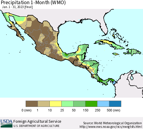 Mexico Central America and the Caribbean Precipitation 1-Month (WMO) Thematic Map For 1/1/2023 - 1/31/2023