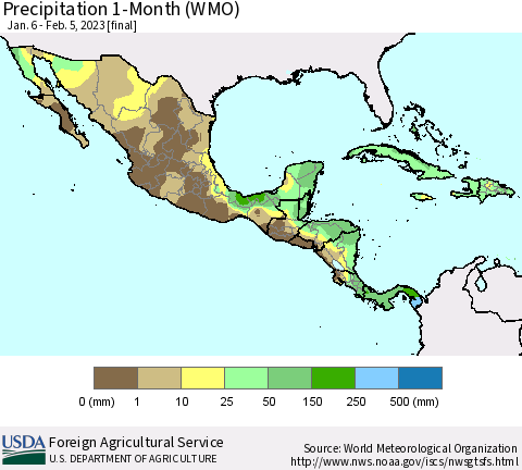 Mexico Central America and the Caribbean Precipitation 1-Month (WMO) Thematic Map For 1/6/2023 - 2/5/2023