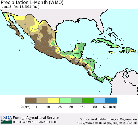 Mexico Central America and the Caribbean Precipitation 1-Month (WMO) Thematic Map For 1/16/2023 - 2/15/2023