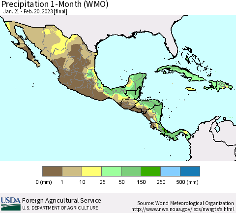 Mexico Central America and the Caribbean Precipitation 1-Month (WMO) Thematic Map For 1/21/2023 - 2/20/2023