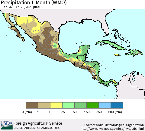 Mexico Central America and the Caribbean Precipitation 1-Month (WMO) Thematic Map For 1/26/2023 - 2/25/2023
