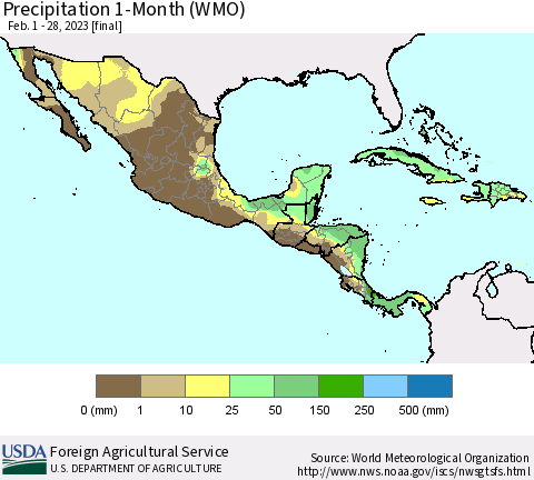 Mexico Central America and the Caribbean Precipitation 1-Month (WMO) Thematic Map For 2/1/2023 - 2/28/2023