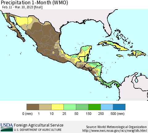 Mexico Central America and the Caribbean Precipitation 1-Month (WMO) Thematic Map For 2/11/2023 - 3/10/2023