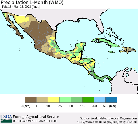 Mexico Central America and the Caribbean Precipitation 1-Month (WMO) Thematic Map For 2/16/2023 - 3/15/2023