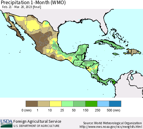 Mexico Central America and the Caribbean Precipitation 1-Month (WMO) Thematic Map For 2/21/2023 - 3/20/2023