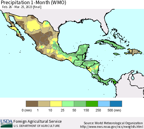 Mexico Central America and the Caribbean Precipitation 1-Month (WMO) Thematic Map For 2/26/2023 - 3/25/2023