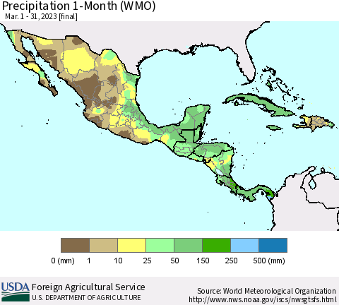 Mexico Central America and the Caribbean Precipitation 1-Month (WMO) Thematic Map For 3/1/2023 - 3/31/2023