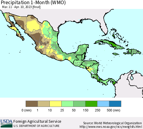 Mexico Central America and the Caribbean Precipitation 1-Month (WMO) Thematic Map For 3/11/2023 - 4/10/2023
