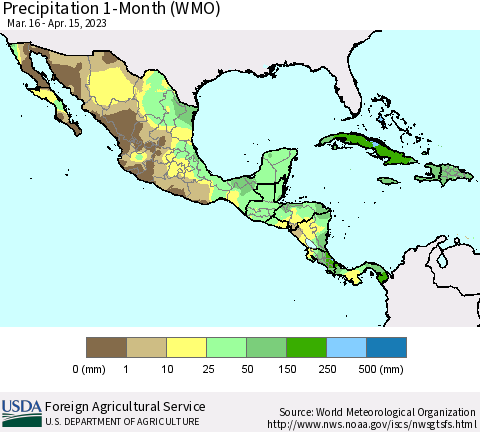 Mexico Central America and the Caribbean Precipitation 1-Month (WMO) Thematic Map For 3/16/2023 - 4/15/2023