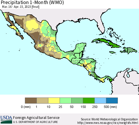 Mexico Central America and the Caribbean Precipitation 1-Month (WMO) Thematic Map For 3/16/2023 - 4/15/2023
