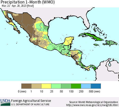 Mexico Central America and the Caribbean Precipitation 1-Month (WMO) Thematic Map For 3/21/2023 - 4/20/2023