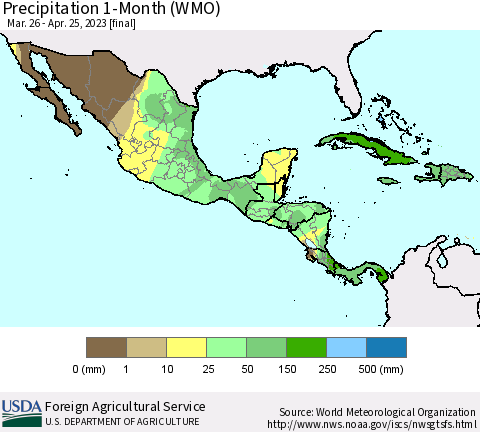 Mexico Central America and the Caribbean Precipitation 1-Month (WMO) Thematic Map For 3/26/2023 - 4/25/2023