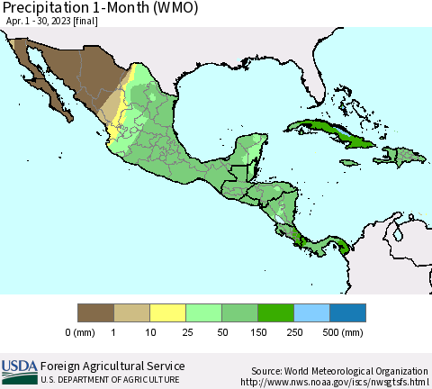 Mexico Central America and the Caribbean Precipitation 1-Month (WMO) Thematic Map For 4/1/2023 - 4/30/2023