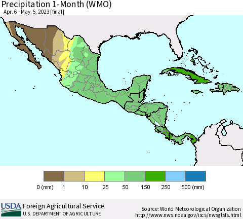 Mexico Central America and the Caribbean Precipitation 1-Month (WMO) Thematic Map For 4/6/2023 - 5/5/2023