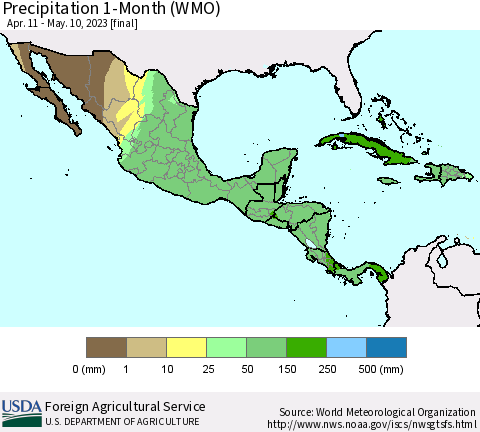 Mexico Central America and the Caribbean Precipitation 1-Month (WMO) Thematic Map For 4/11/2023 - 5/10/2023