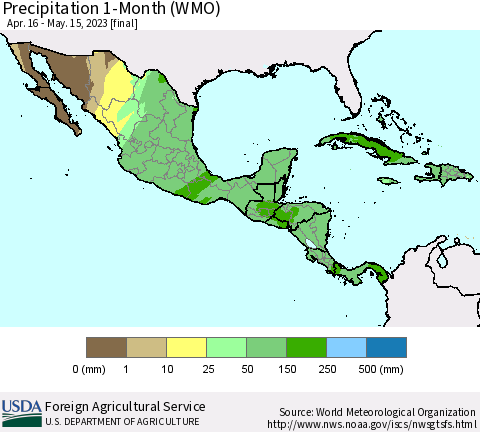 Mexico Central America and the Caribbean Precipitation 1-Month (WMO) Thematic Map For 4/16/2023 - 5/15/2023