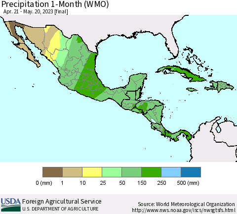 Mexico Central America and the Caribbean Precipitation 1-Month (WMO) Thematic Map For 4/21/2023 - 5/20/2023