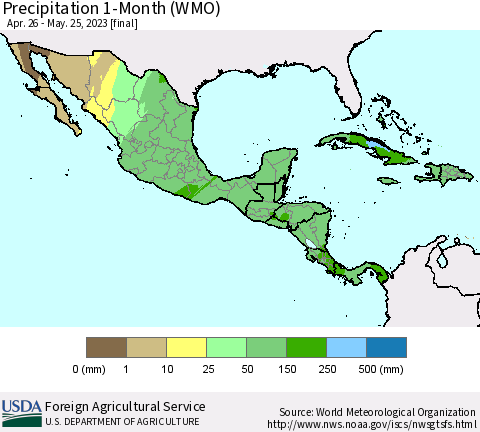 Mexico Central America and the Caribbean Precipitation 1-Month (WMO) Thematic Map For 4/26/2023 - 5/25/2023